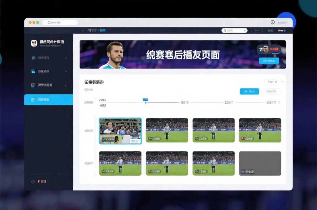 比赛结束后，电视屏幕展示集锦回放页面，旁边有时间轴和多角度切换提示